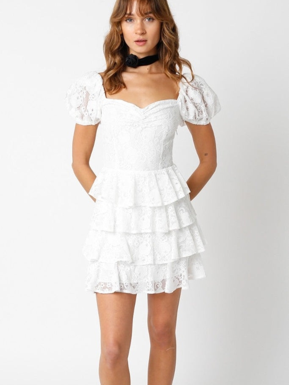OLIVACEOUS Penelope White Lace Tiered Mini Dress - Size Small (EUC)